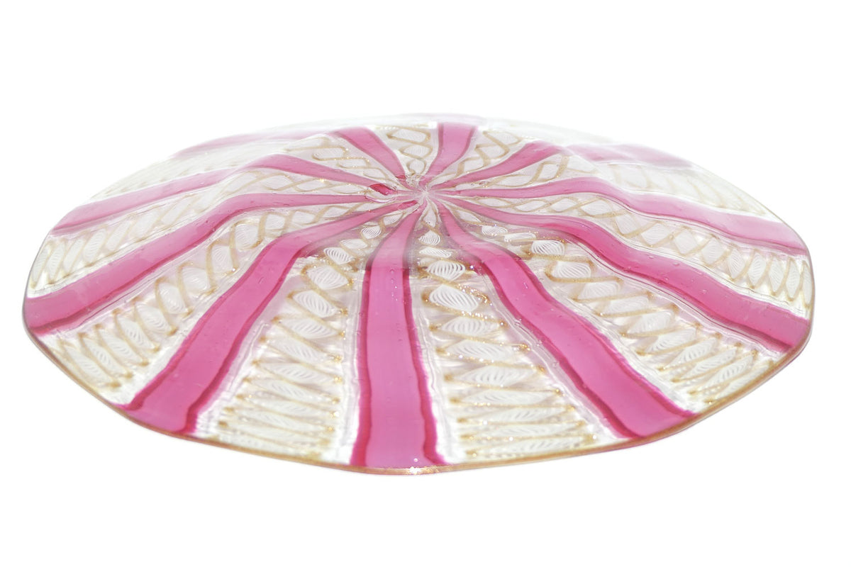Superb Vintage Murano Venetian glass plate with Pink Spiral and Aventurine Twist Threads
