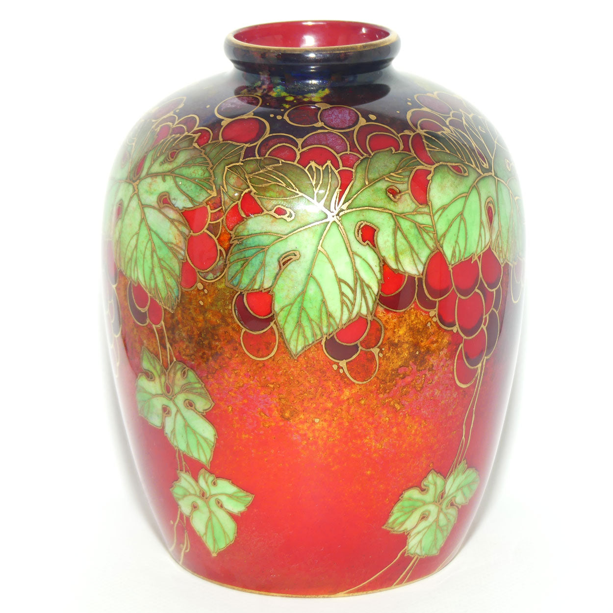 Royal Doulton Flambe Leaves and Grapes vase with gilt highlights | Harry Nixon