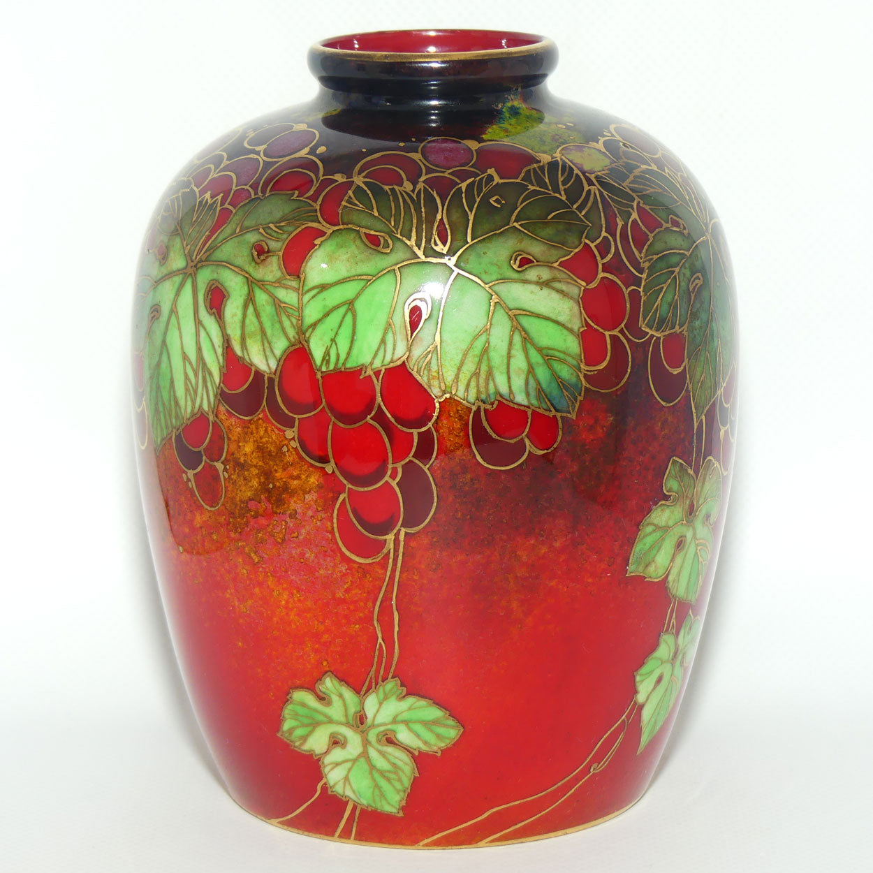 Royal Doulton Flambe Leaves and Grapes vase with gilt highlights | Harry Nixon