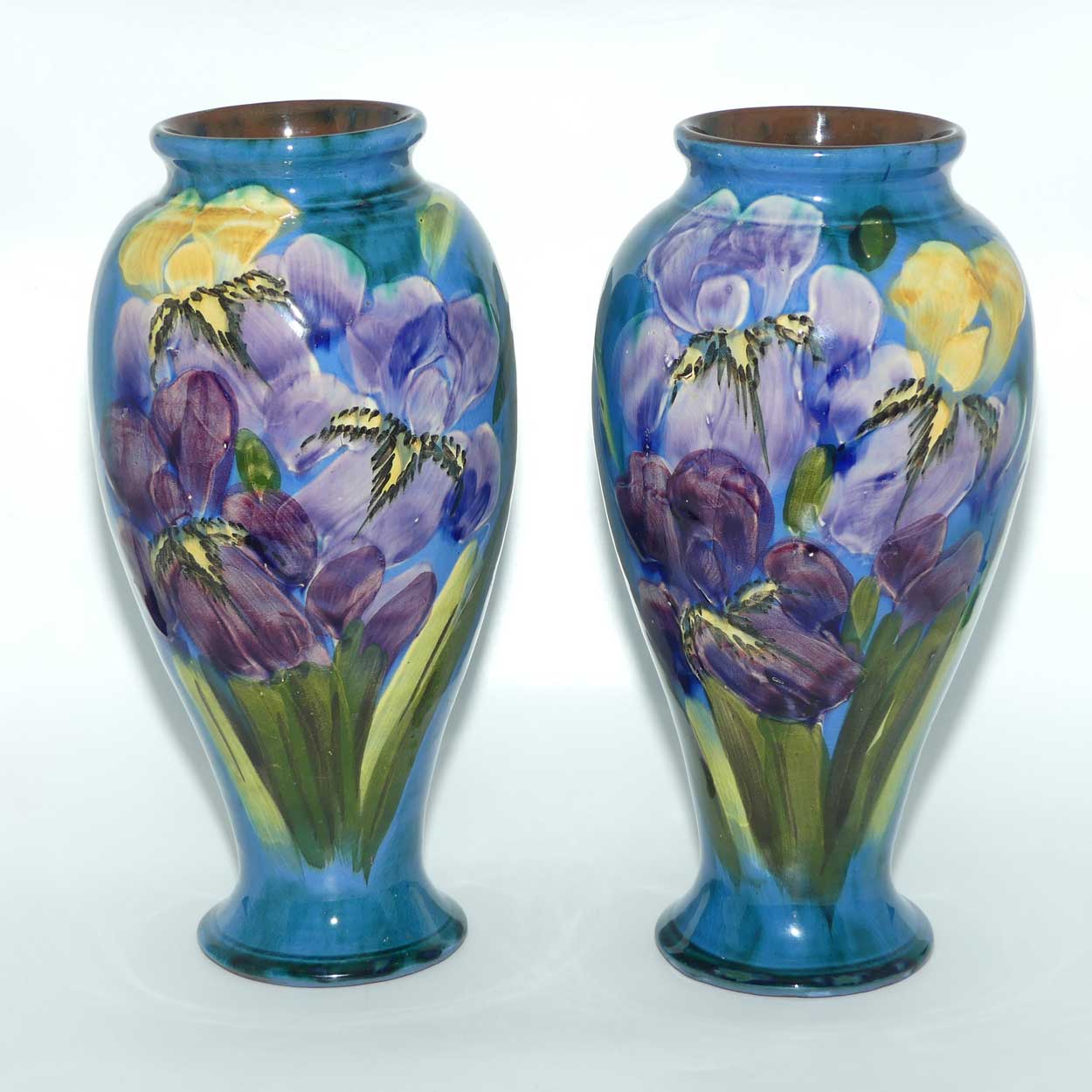 Lemon and Crute Torquay Faience Iris decor pair of mantle vases