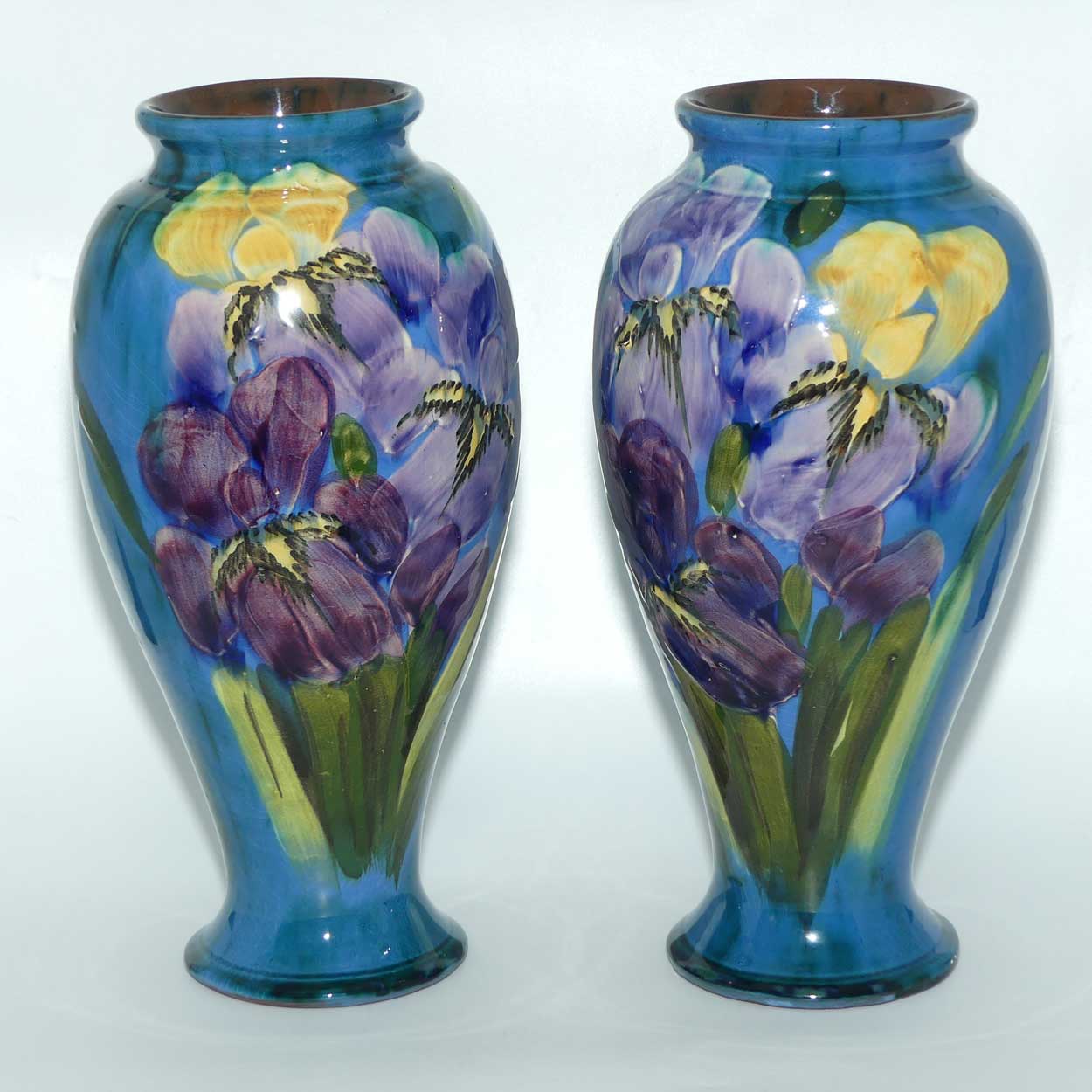 Lemon and Crute Torquay Faience Iris decor pair of mantle vases