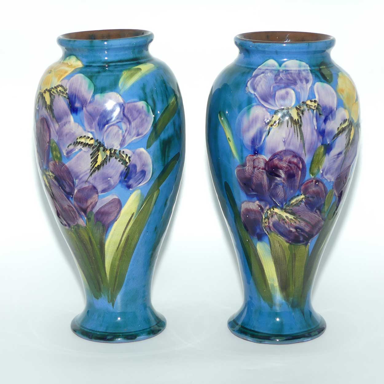 Lemon and Crute Torquay Faience Iris decor pair of mantle vases