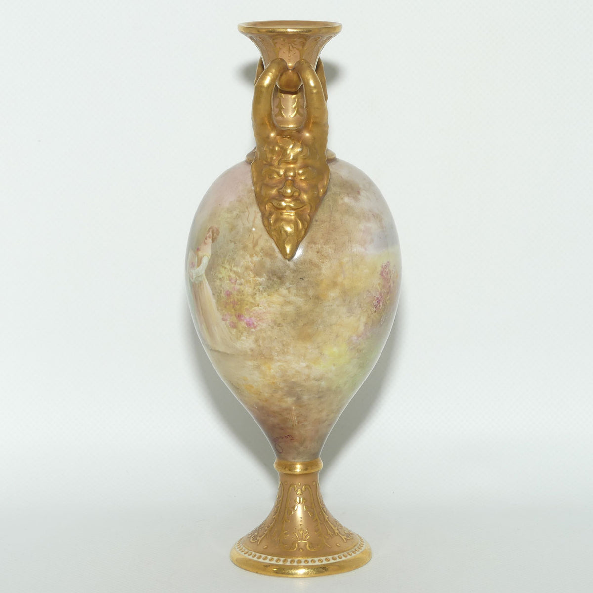 Royal Doulton hand painted and gilt jewelled Satyr twin handled vase | Two Maidens in the Garden |
