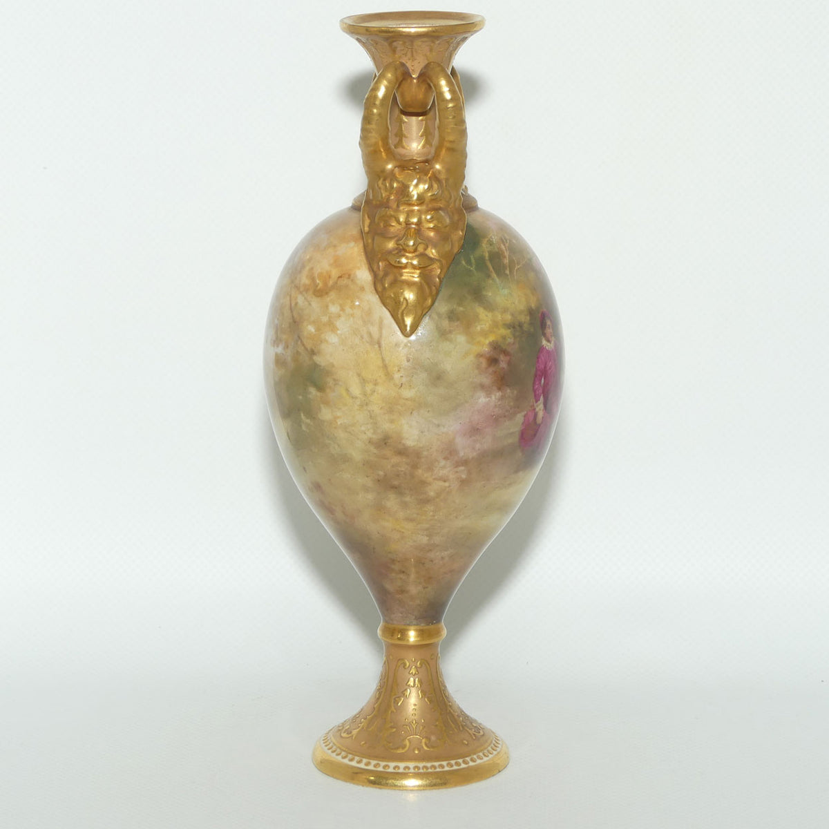 Royal Doulton hand painted and gilt jewelled Satyr twin handled vase | Two Maidens in the Garden |