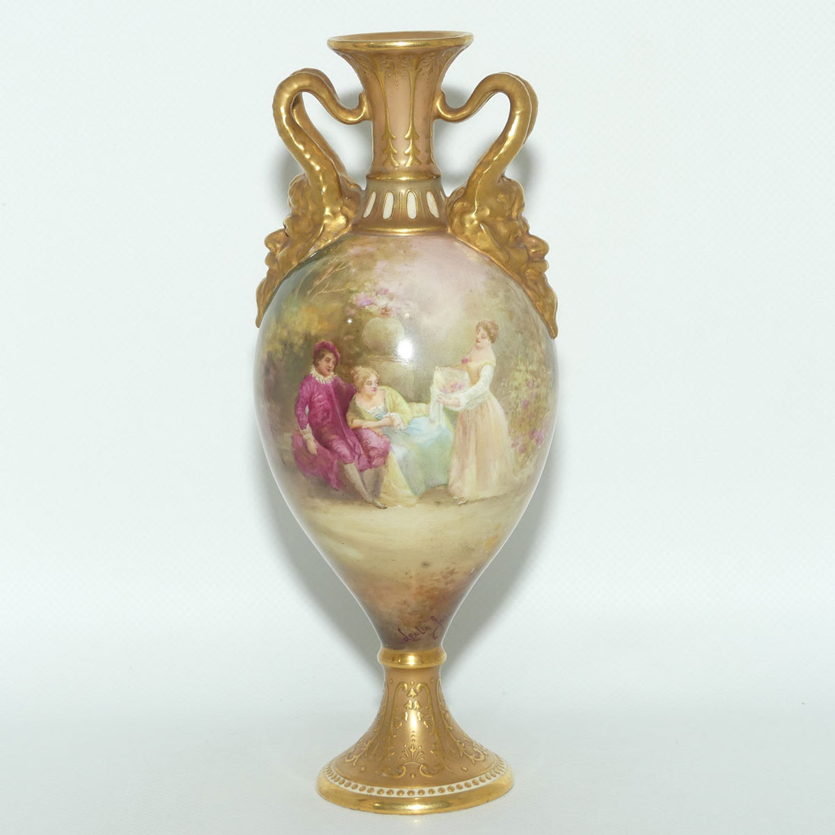 Royal Doulton hand painted and gilt jewelled Satyr twin handled vase | Two Maidens in the Garden |