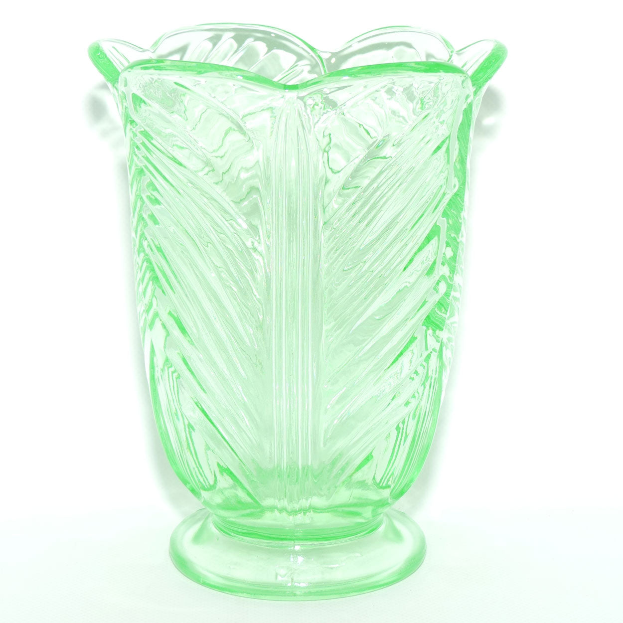 Bagley Glass UK Uranium Glass Tulip motif vase | 20cm tall