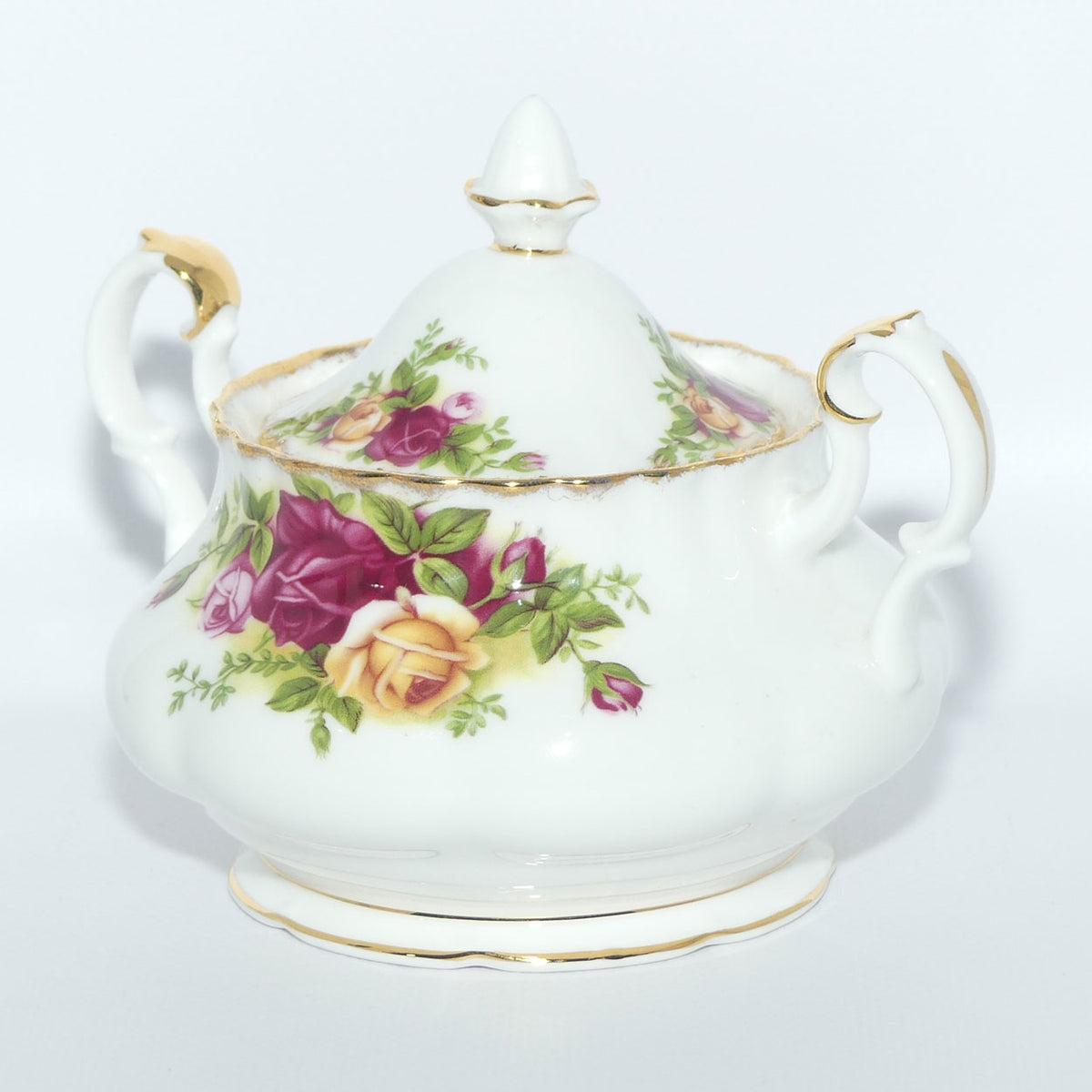 Royal Albert Bone China England Old Country Roses twin handled and lidded Sugar Bowl | © 1962 Royal Albert Ltd backstamp