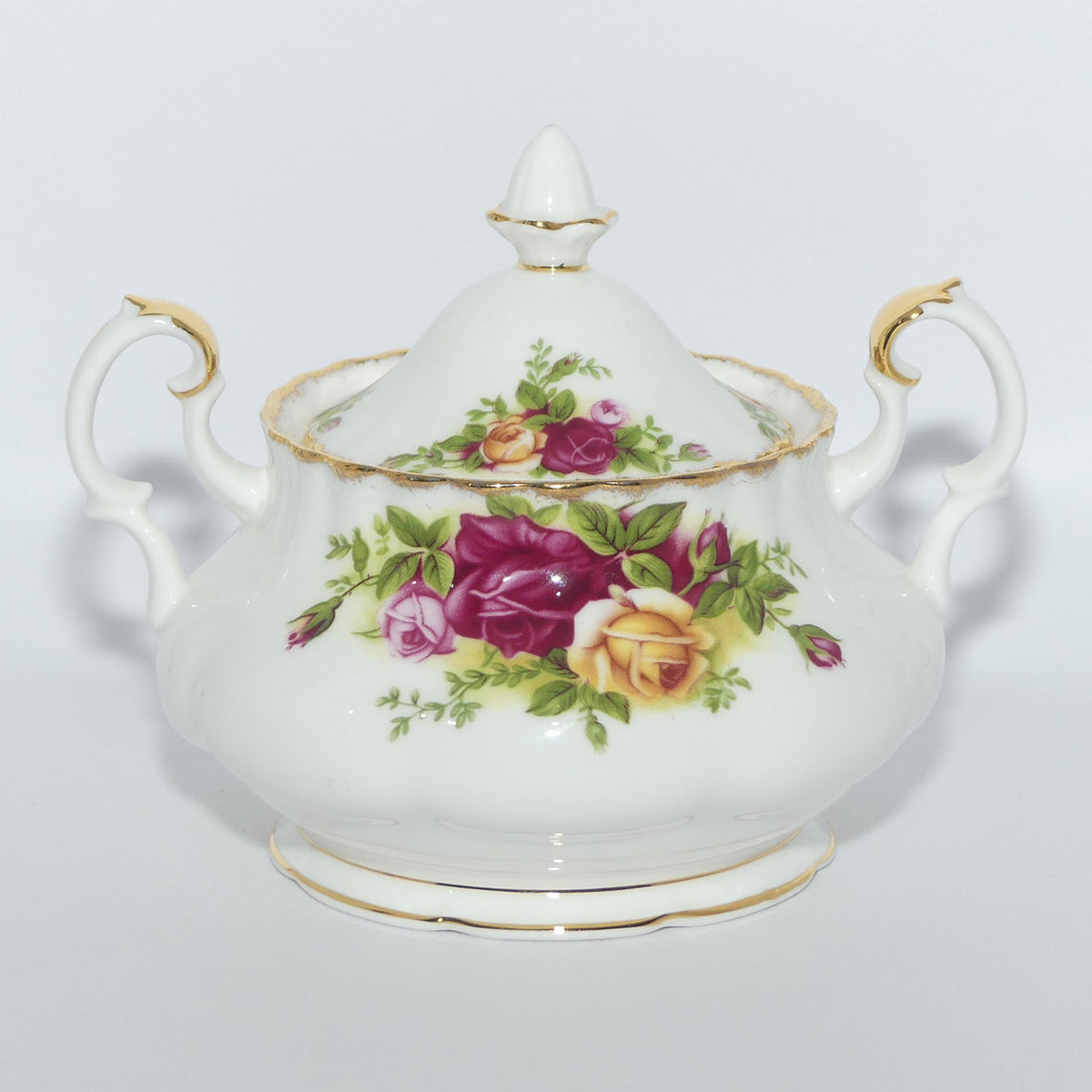 Royal Albert Bone China England Old Country Roses twin handled and lidded Sugar Bowl | © 1962 Royal Albert Ltd backstamp