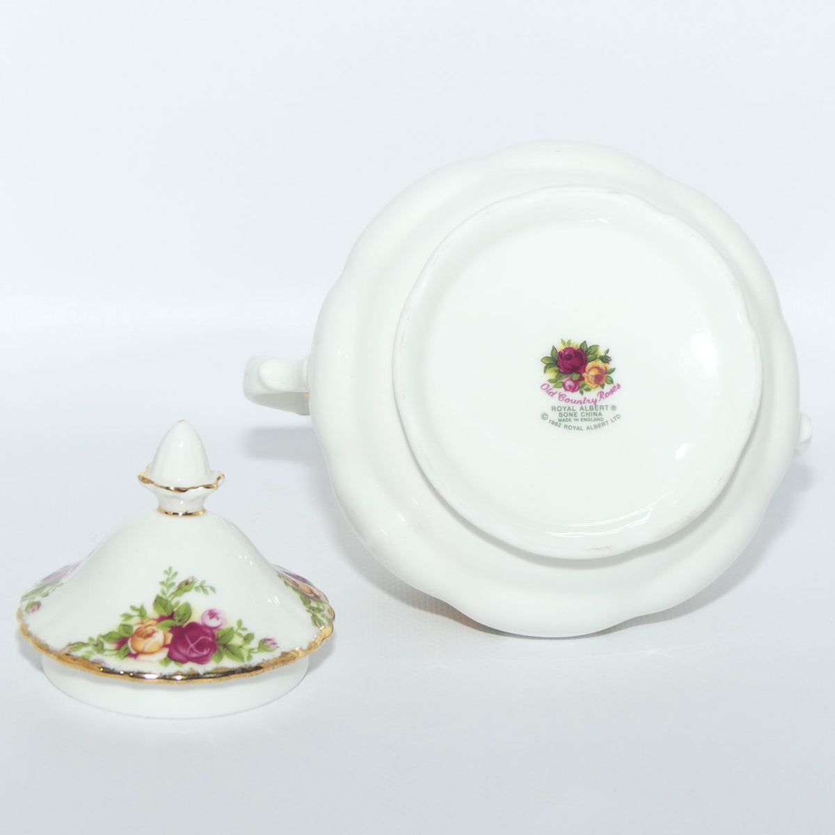 Royal Albert Bone China England Old Country Roses twin handled and lidded Sugar Bowl | © 1962 Royal Albert Ltd backstamp