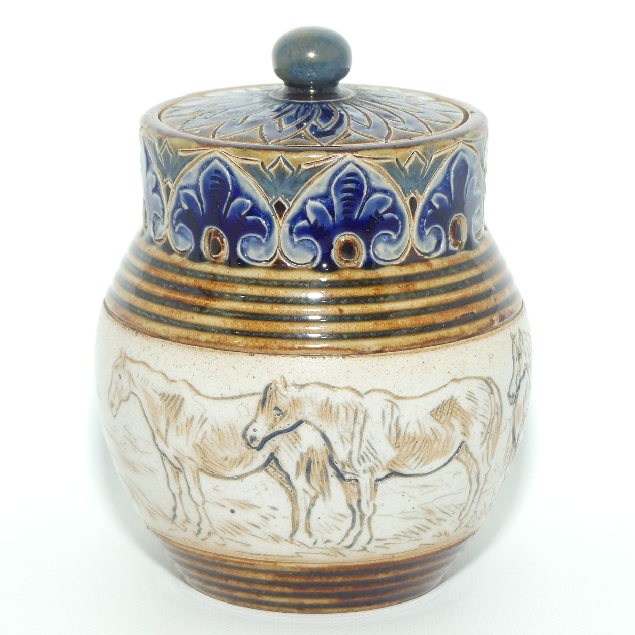 Doulton Lambeth Hannah Barlow lidded pot | Horses c.1887