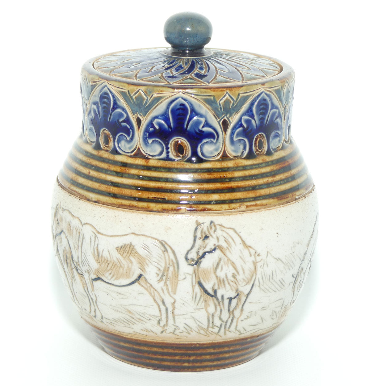 Doulton Lambeth Hannah Barlow lidded pot | Horses c.1887