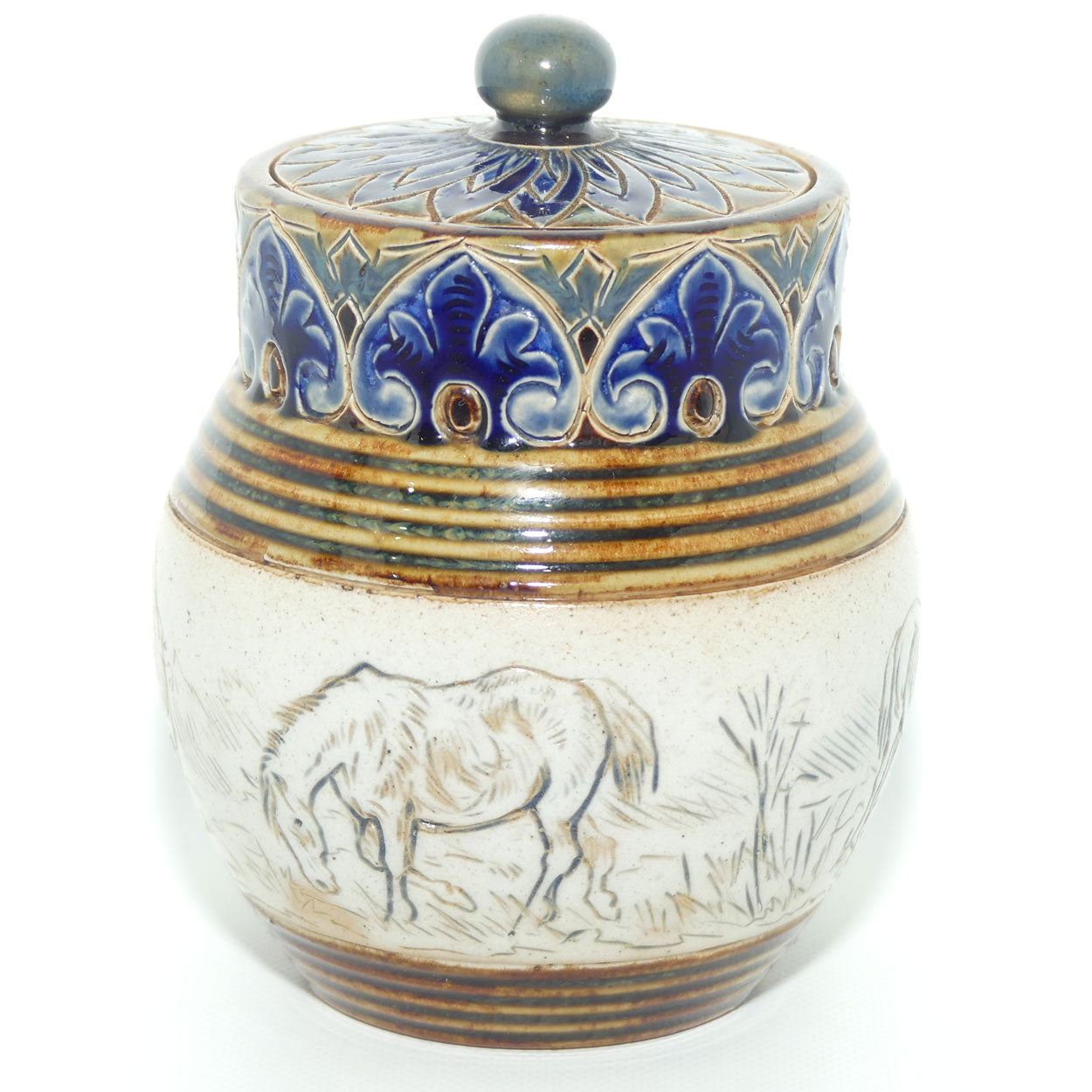 Doulton Lambeth Hannah Barlow lidded pot | Horses c.1887