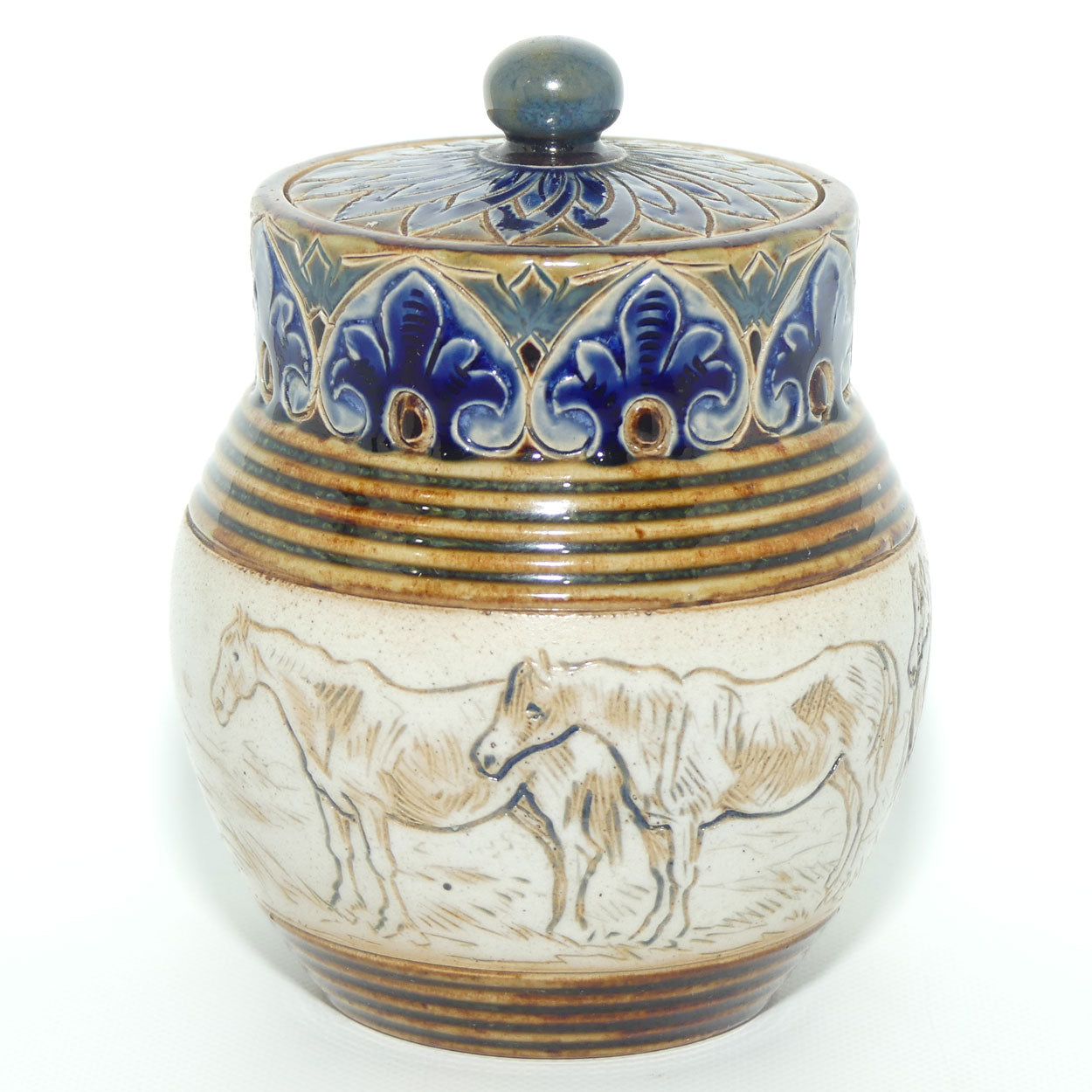 Doulton Lambeth Hannah Barlow lidded pot | Horses c.1887