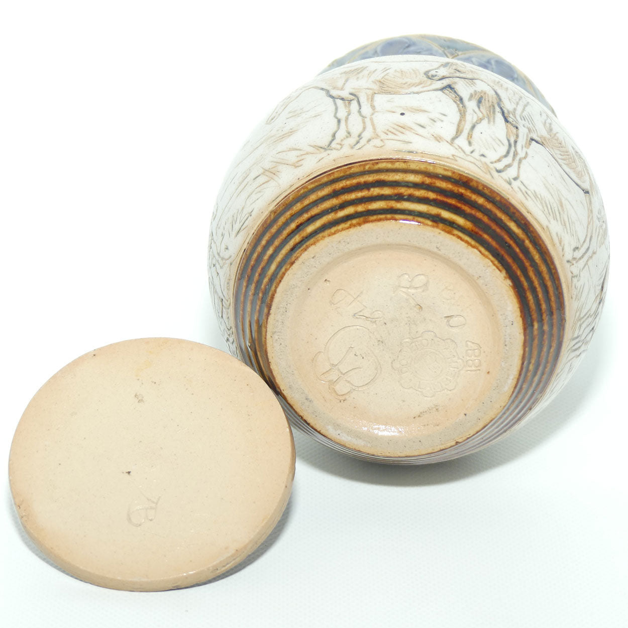 Doulton Lambeth Hannah Barlow lidded pot | Horses c.1887