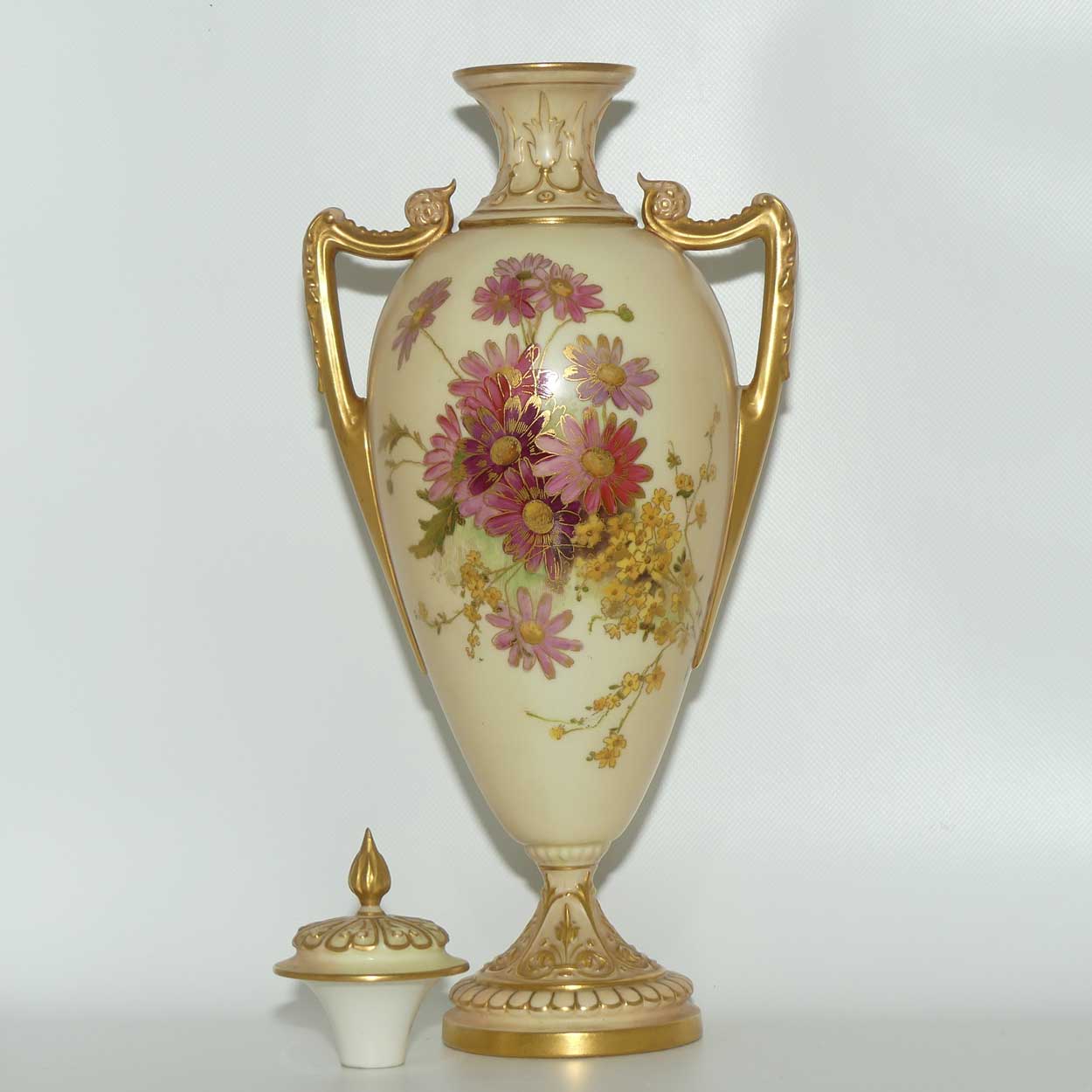 Royal Worcester Blush Ivory hand painted floral lidded and handled urn