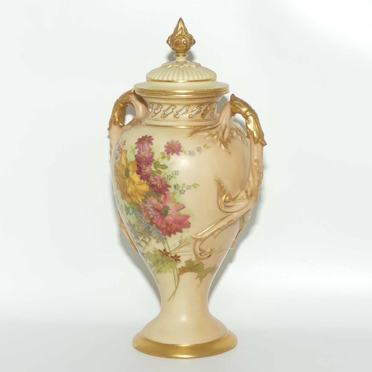 Royal Worcester Blush Ivory hand painted floral lidded and handled urn with reticulated neck