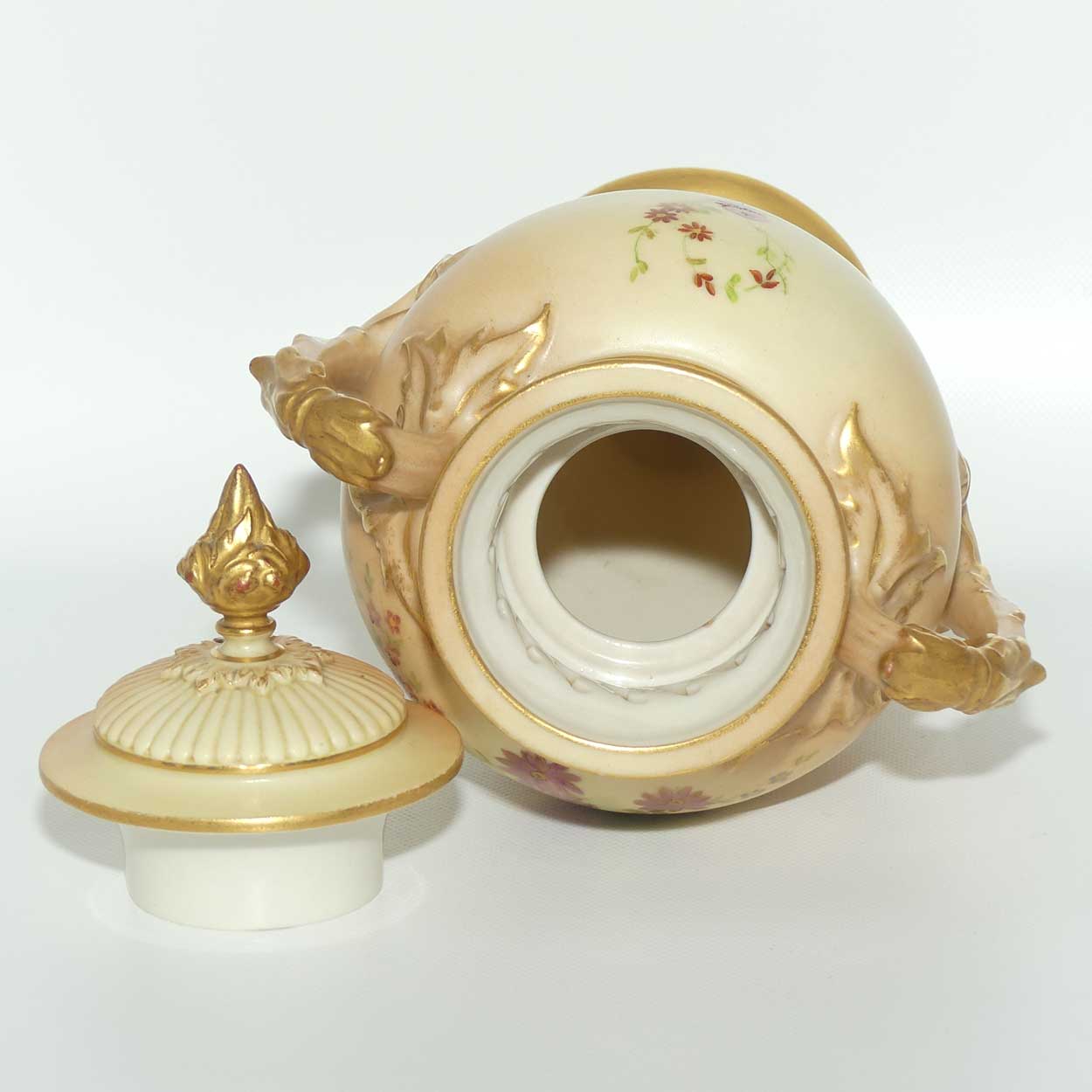 Royal Worcester Blush Ivory hand painted floral lidded and handled urn with reticulated neck