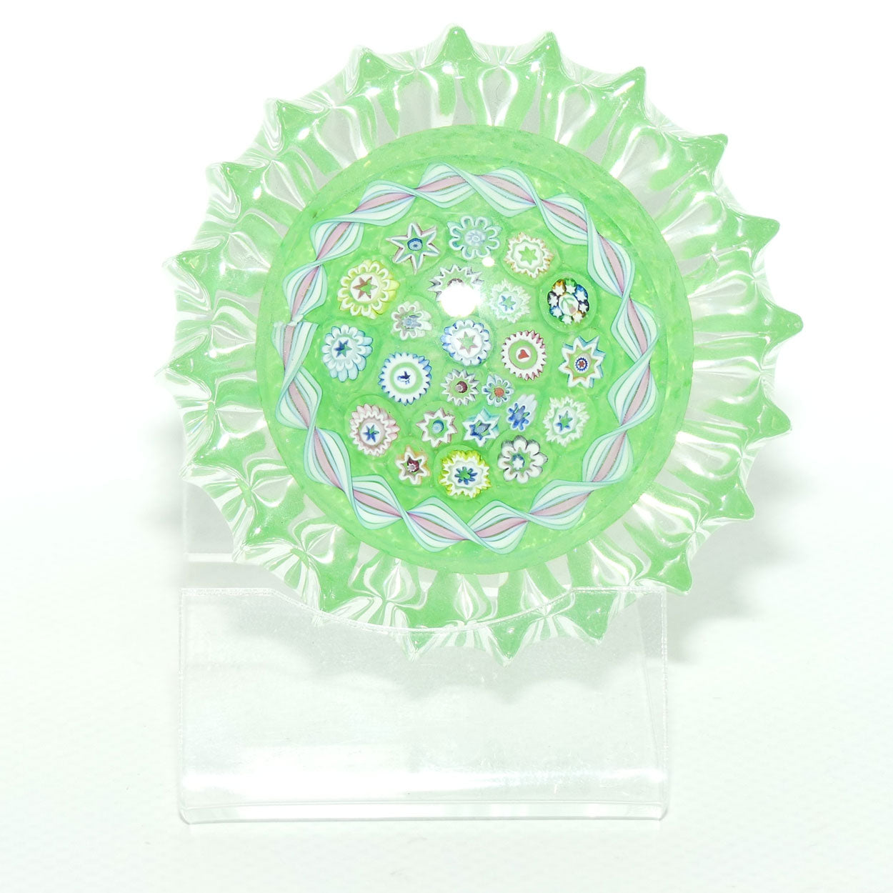 John Deacons Scotland Millefiori Closepack and Torsade Ribbed paperweight | Lime