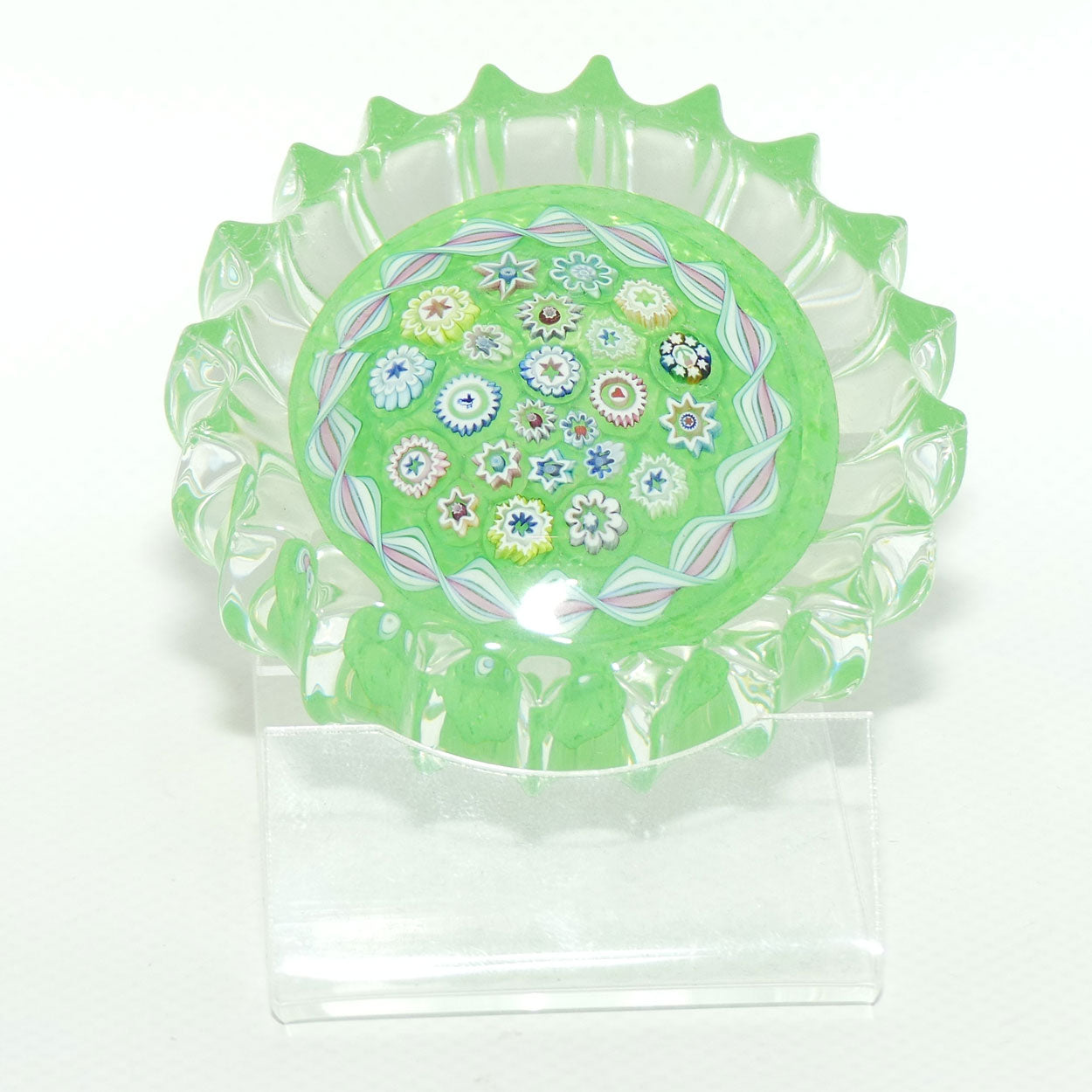 John Deacons Scotland Millefiori Closepack and Torsade Ribbed paperweight | Lime