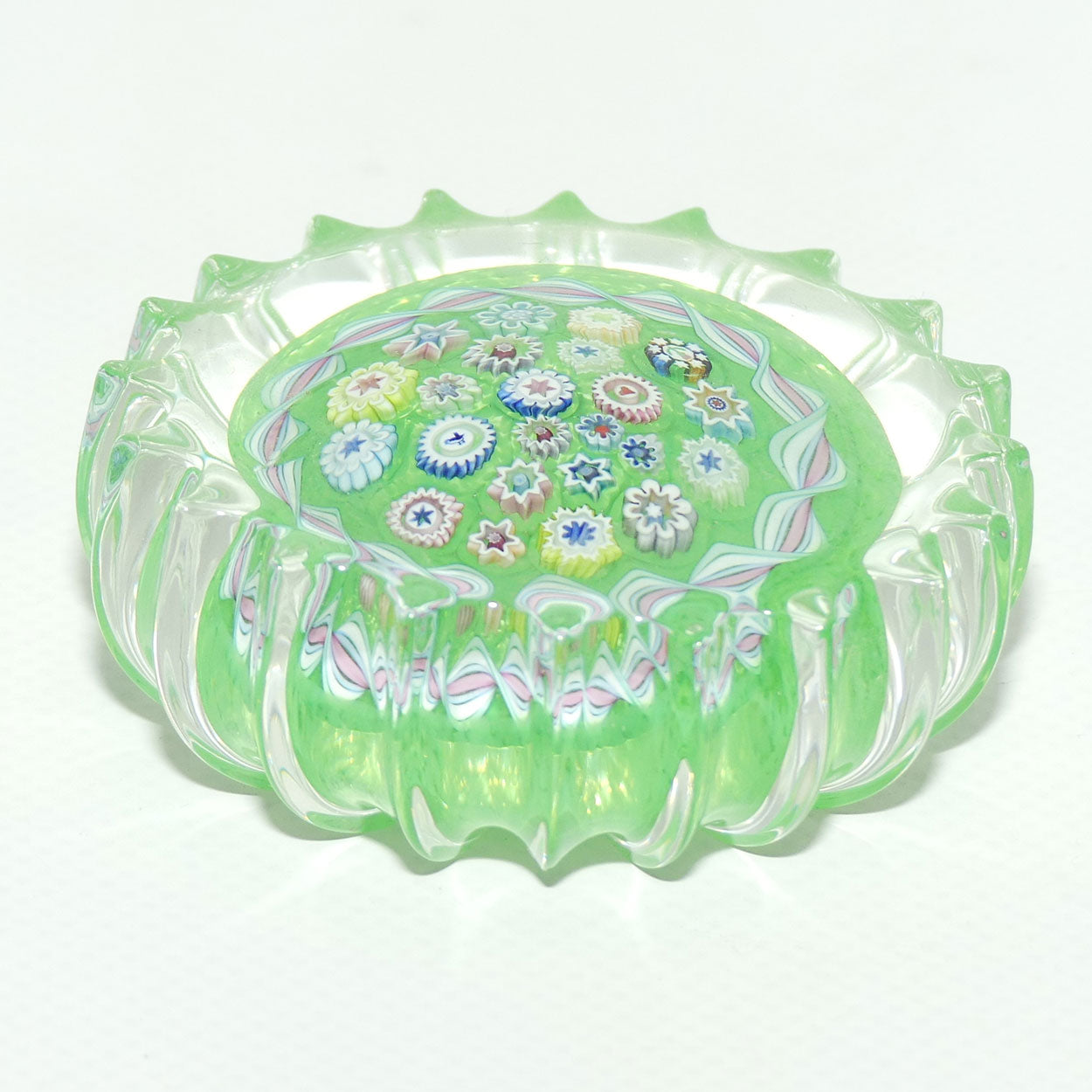 John Deacons Scotland Millefiori Closepack and Torsade Ribbed paperweight | Lime