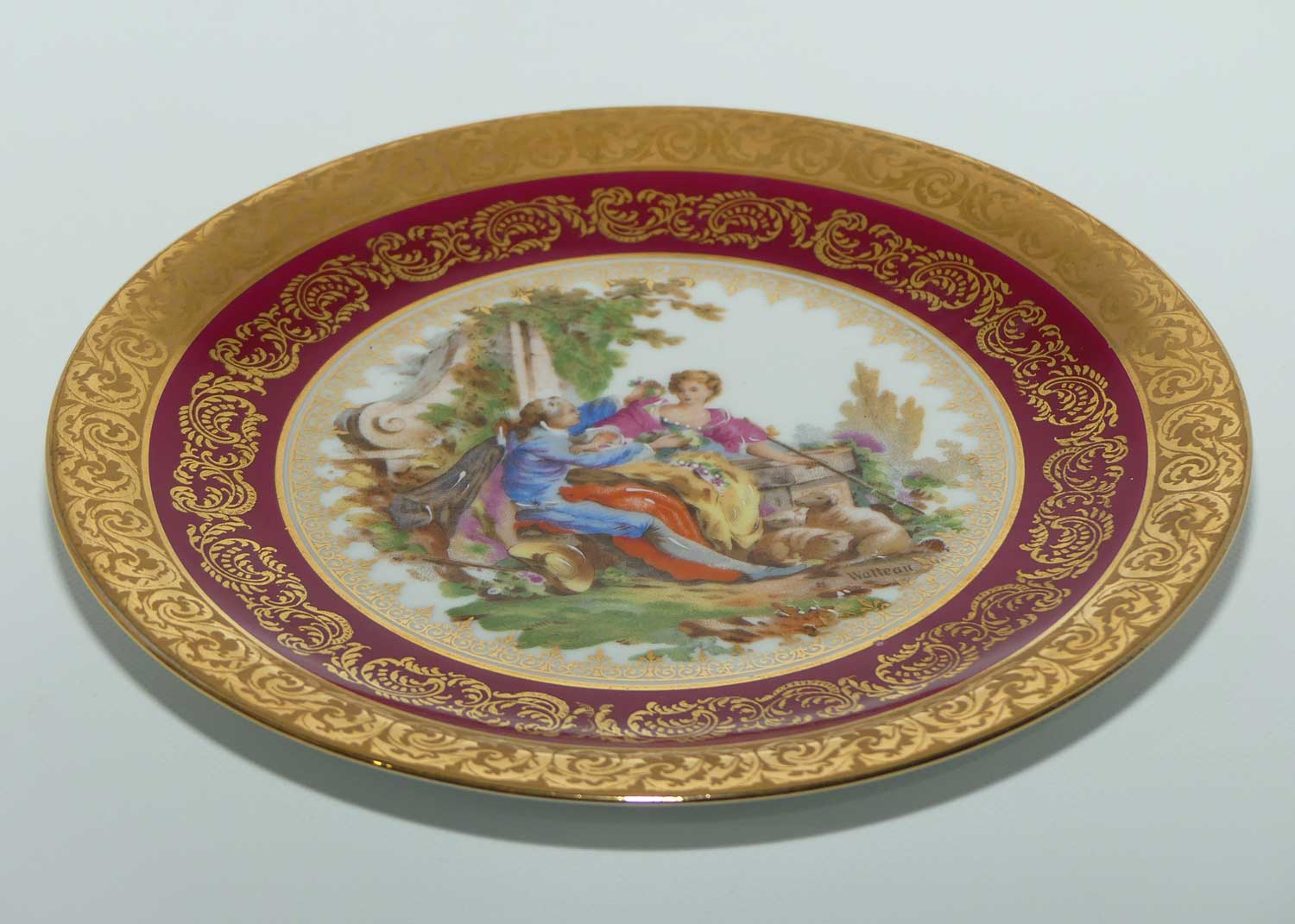 Limoges France Courting Couple plate | Rouge and Gilt Border | 18.5cm | signed Watteau