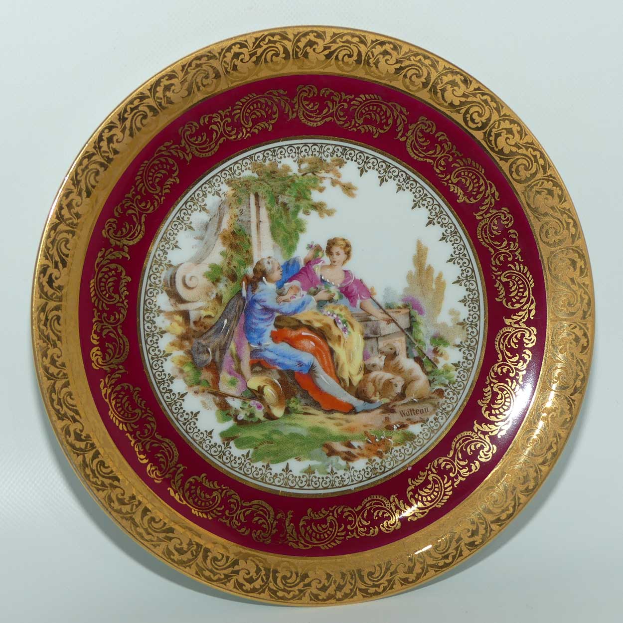 Limoges France Courting Couple plate | Rouge and Gilt Border | 18.5cm | signed Watteau