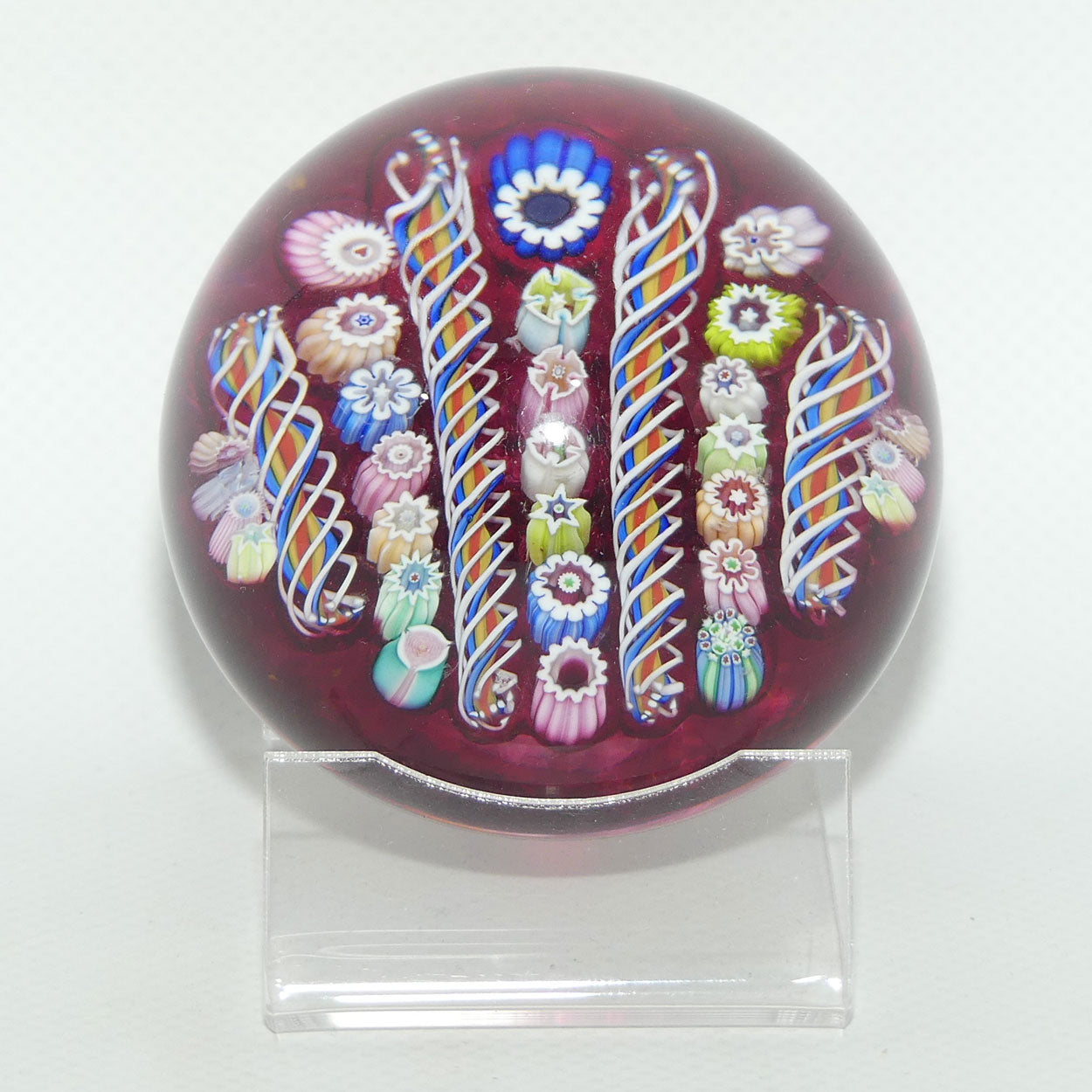 John Deacons Scotland Millefiori Simple Linear Large paperweight | Cranberry #1