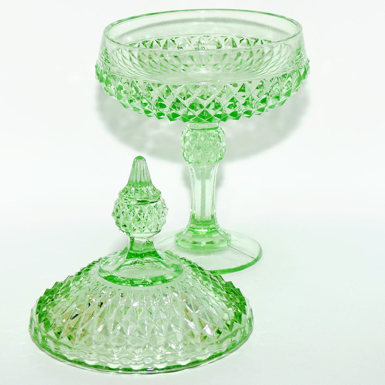 Vintage Indiana Glass Diamond Point lidded lolly jar | 30cm tall