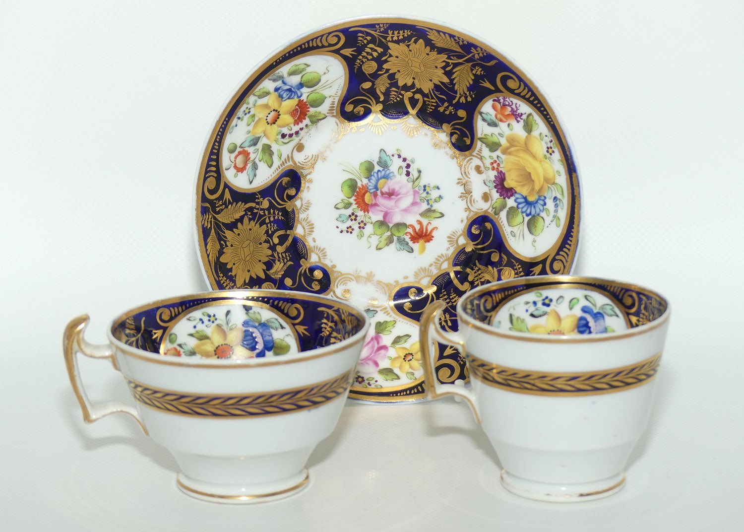 George III c.1825 London shape trio comprising Tea Cup, Coffee Cup and saucer bowl
