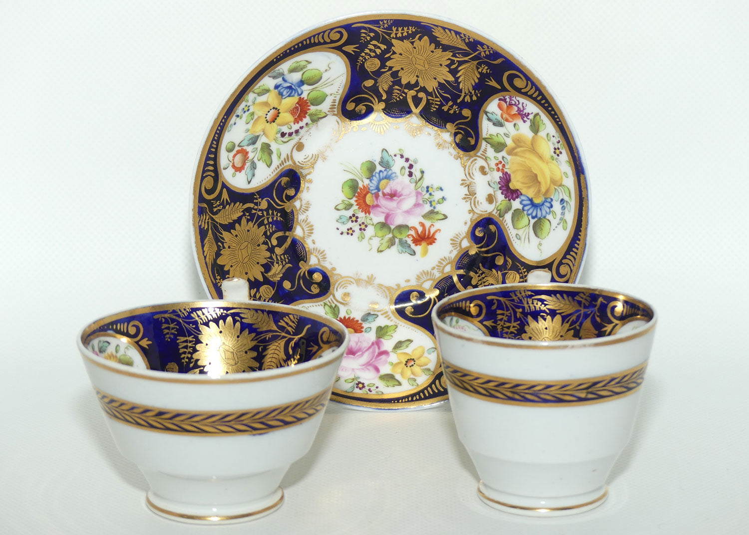 George III c.1825 London shape trio comprising Tea Cup, Coffee Cup and saucer bowl
