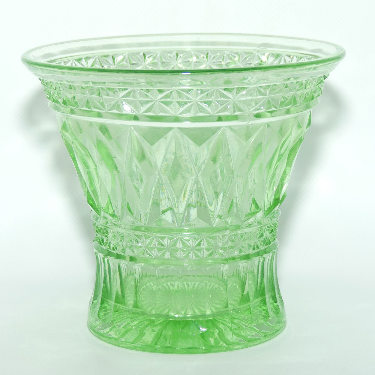 Green Depression Glass Long Diamond pattern vase | 14cm tall