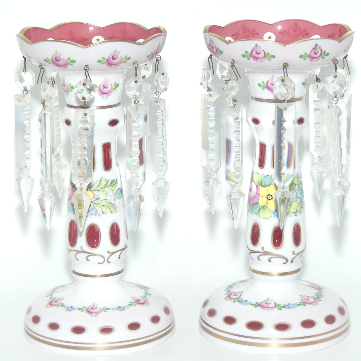 Pair of Bohemian Hand Painted and Gilt Cased Glass Lustres c.1950