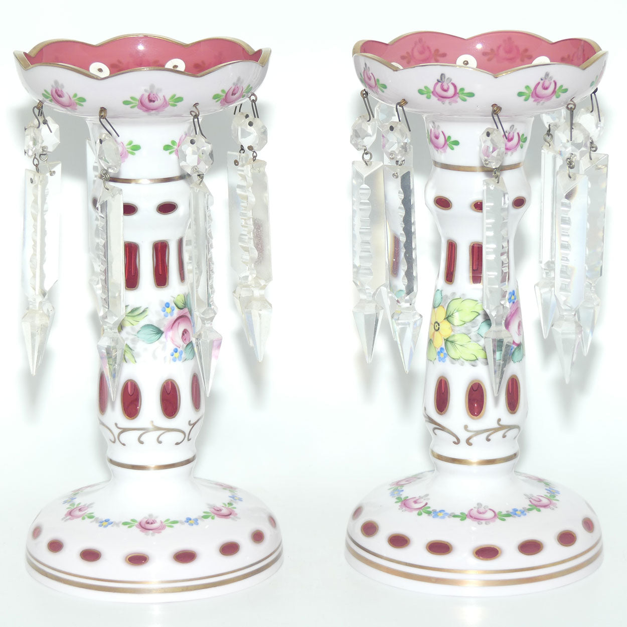 Pair of Bohemian Hand Painted and Gilt Cased Glass Lustres c.1950