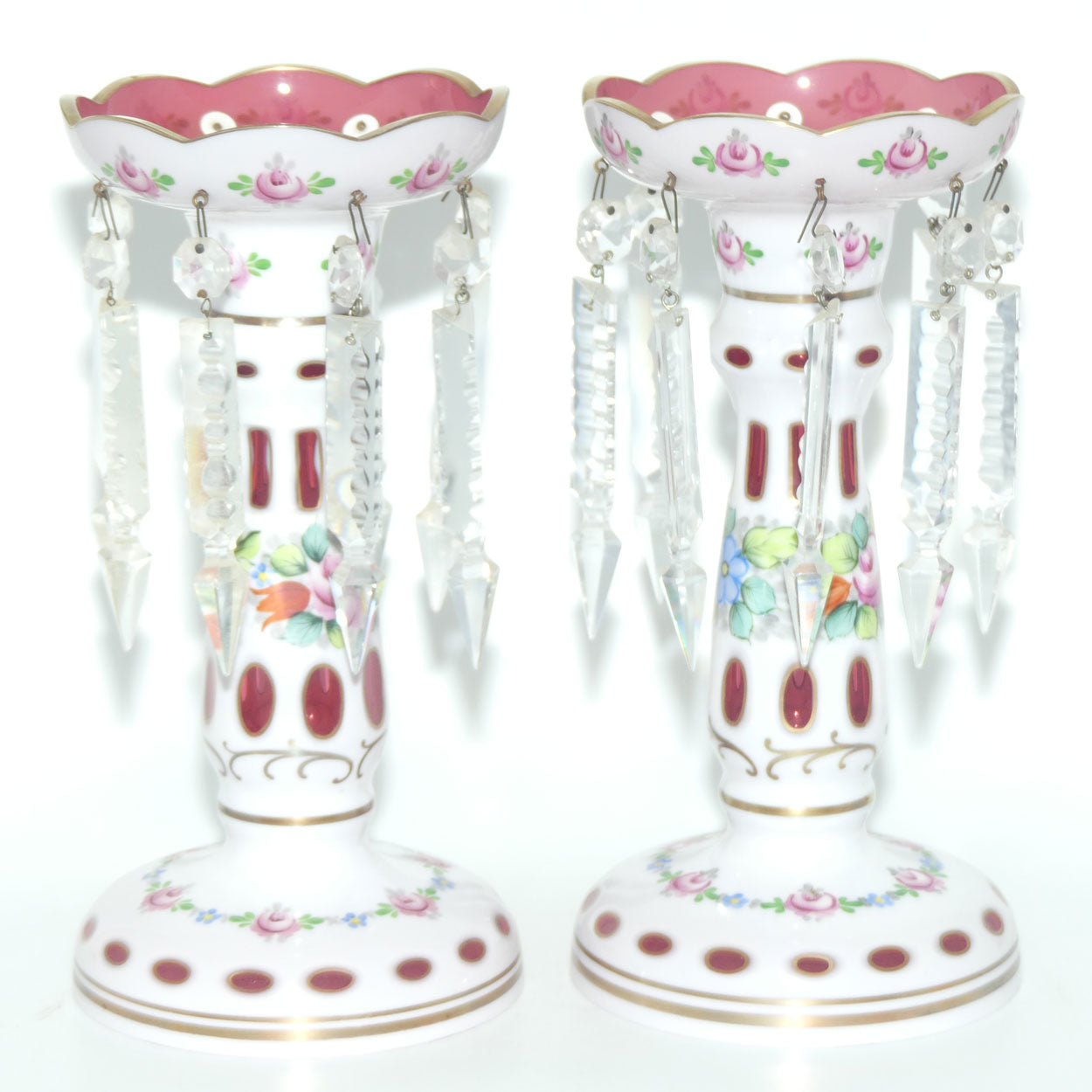 Pair of Bohemian Hand Painted and Gilt Cased Glass Lustres c.1950