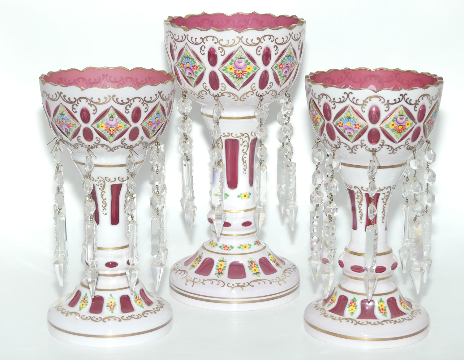 Garniture set of 3 Bohemian Hand Painted and Gilt Cased Glass Lustres c.1950