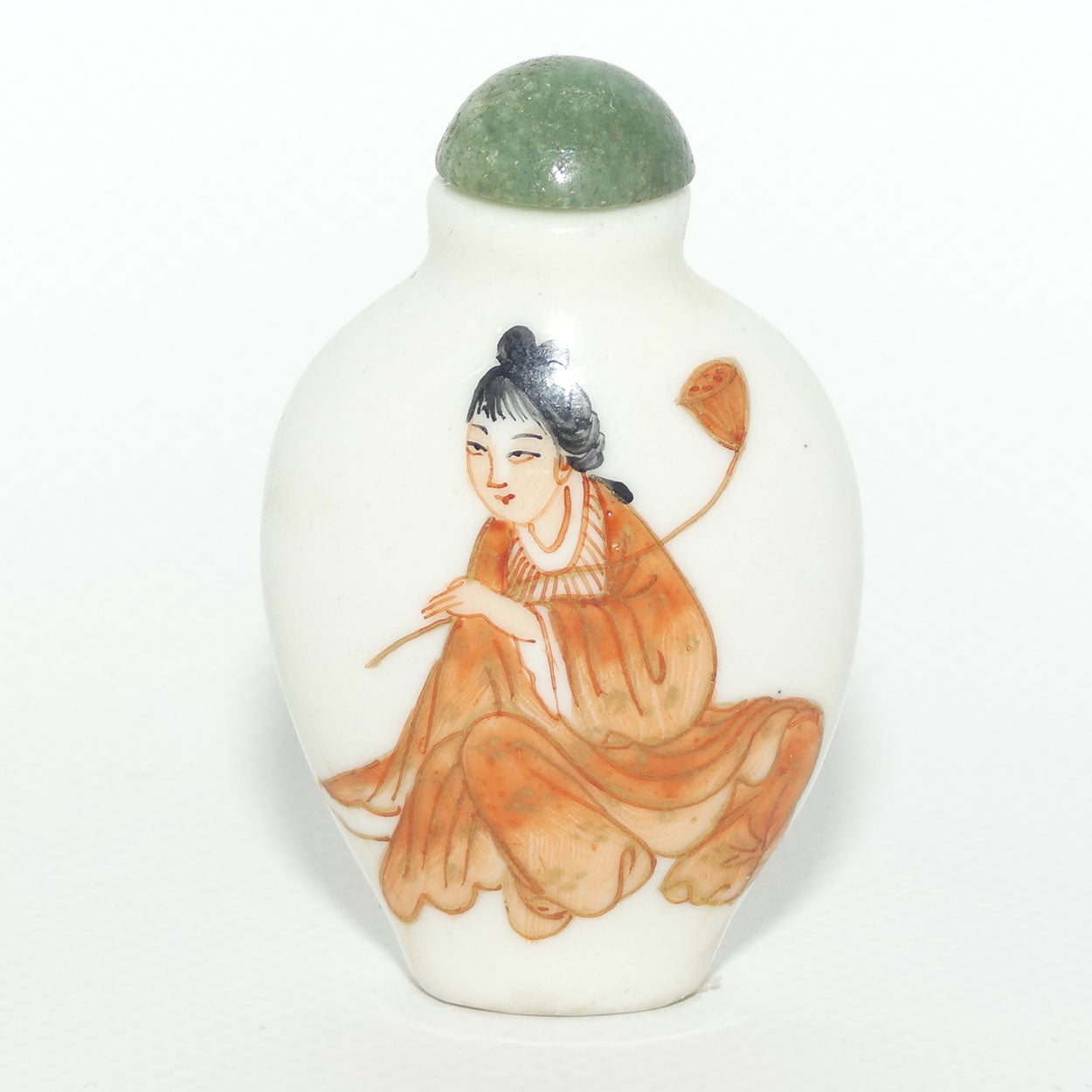 Chinese snuff bottle with greenstone stopper | Man and Woman scene