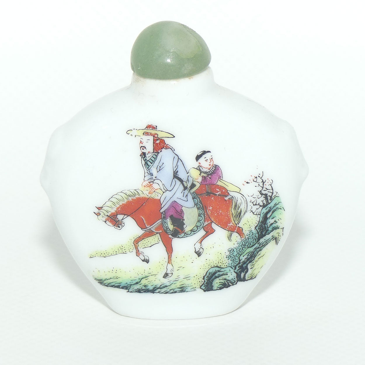 Chinese Snuff Bottle with Greenstone Top | Man on Horse with Child riding Pillion