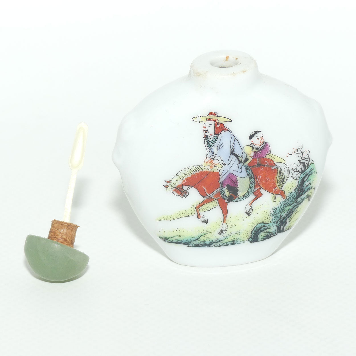 Chinese Snuff Bottle with Greenstone Top | Man on Horse with Child riding Pillion
