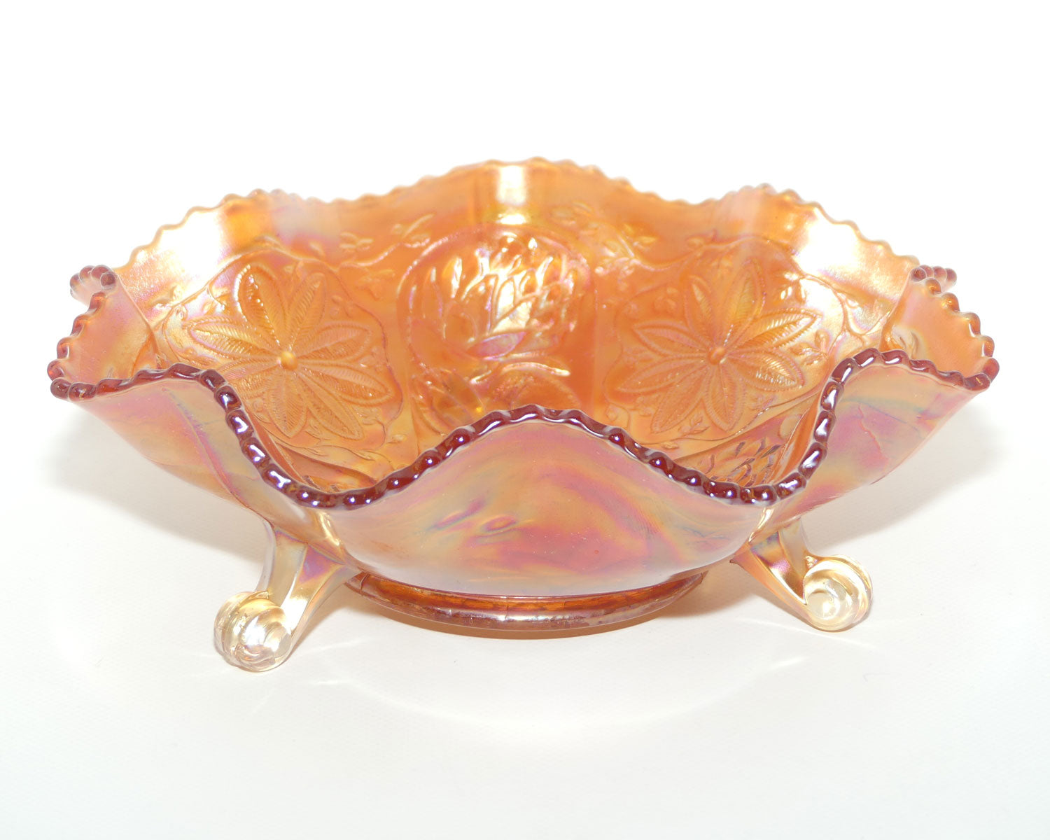 Vintage Marigold Carnival Glass bowl on 3 feet | Water Lily and Flower | 24cm diam