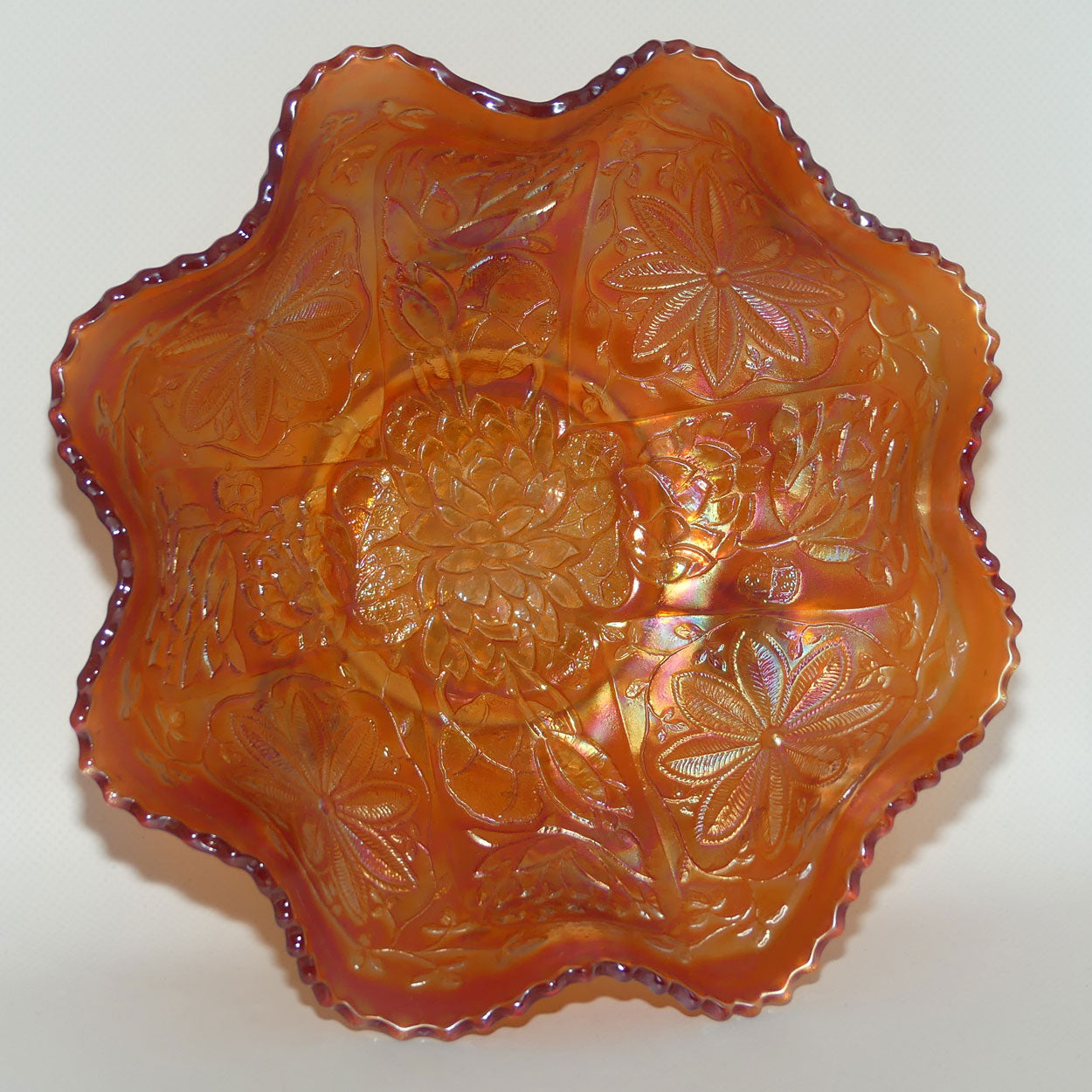 Vintage Marigold Carnival Glass bowl on 3 feet | Water Lily and Flower | 24cm diam