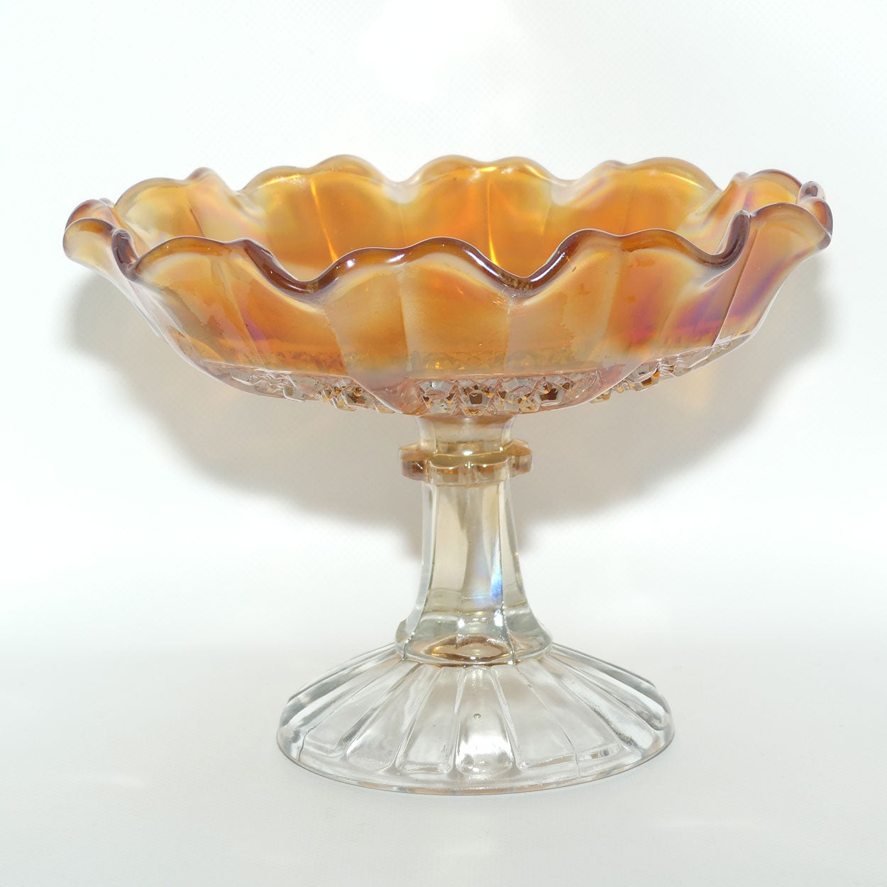 Australian Carnival Glass | Marigold cake stand or comport | Clear foot | #1