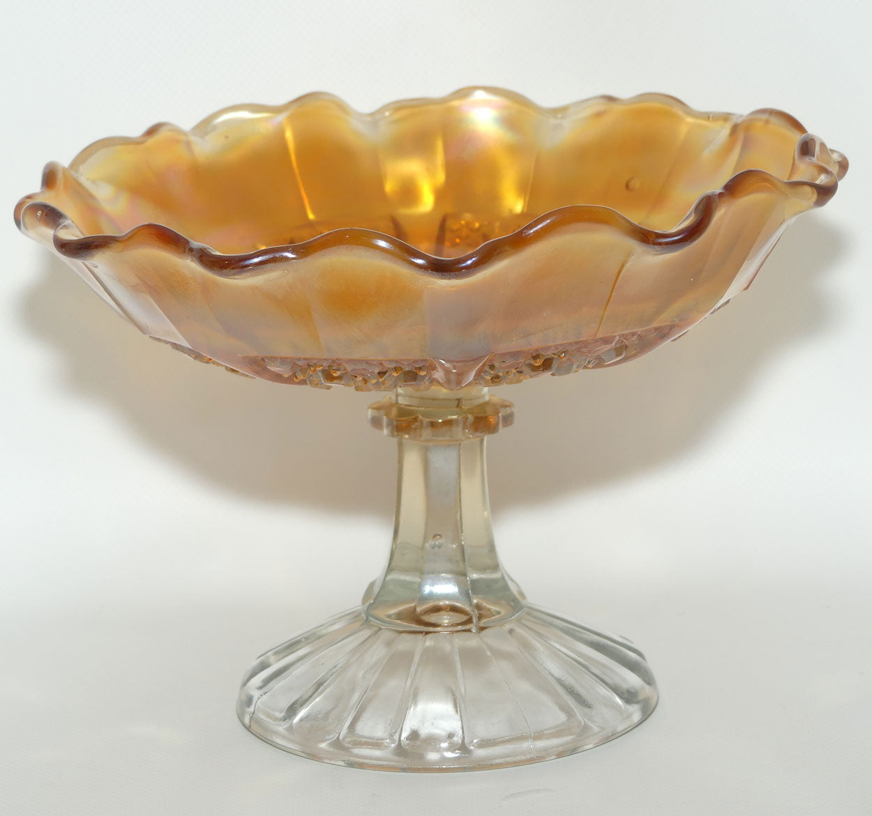 Australian Carnival Glass | Marigold cake stand or comport | Clear foot | #2