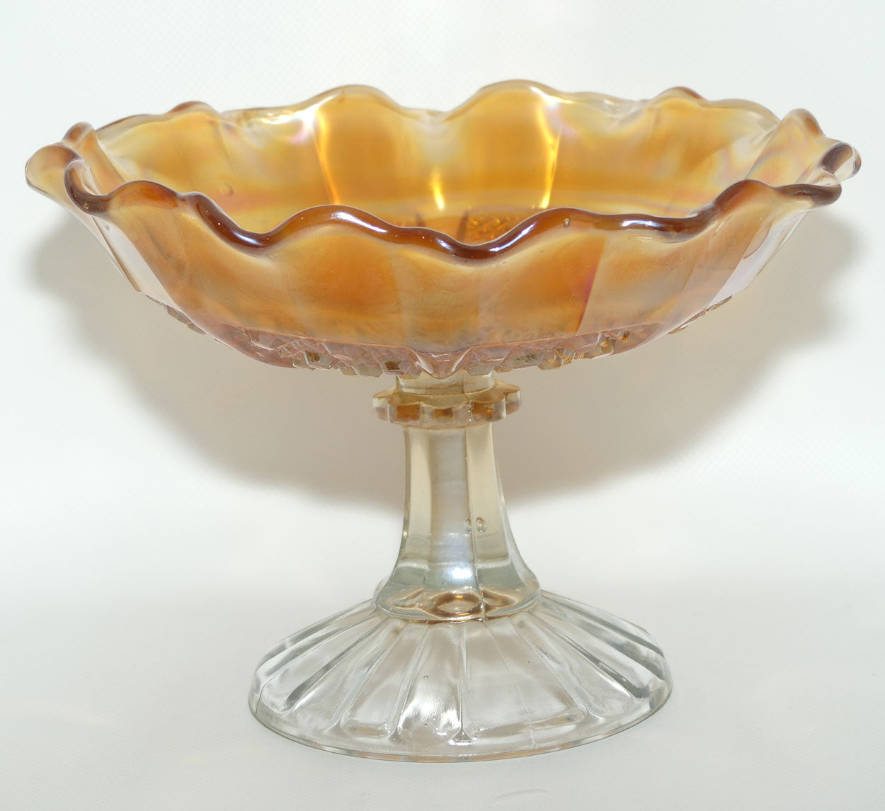Australian Carnival Glass | Marigold cake stand or comport | Clear foot | #2