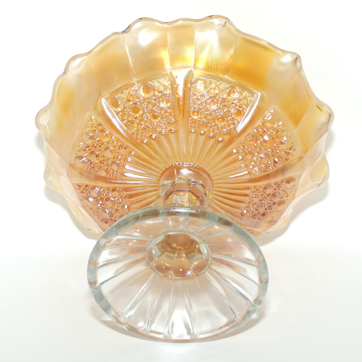 Australian Carnival Glass | Marigold cake stand or comport | Clear foot | #2