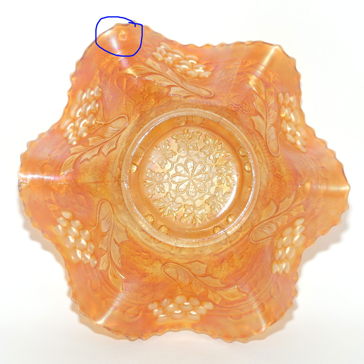 Fenton Marigold Carnival Glass fluted rim bowl | Cherry Chain