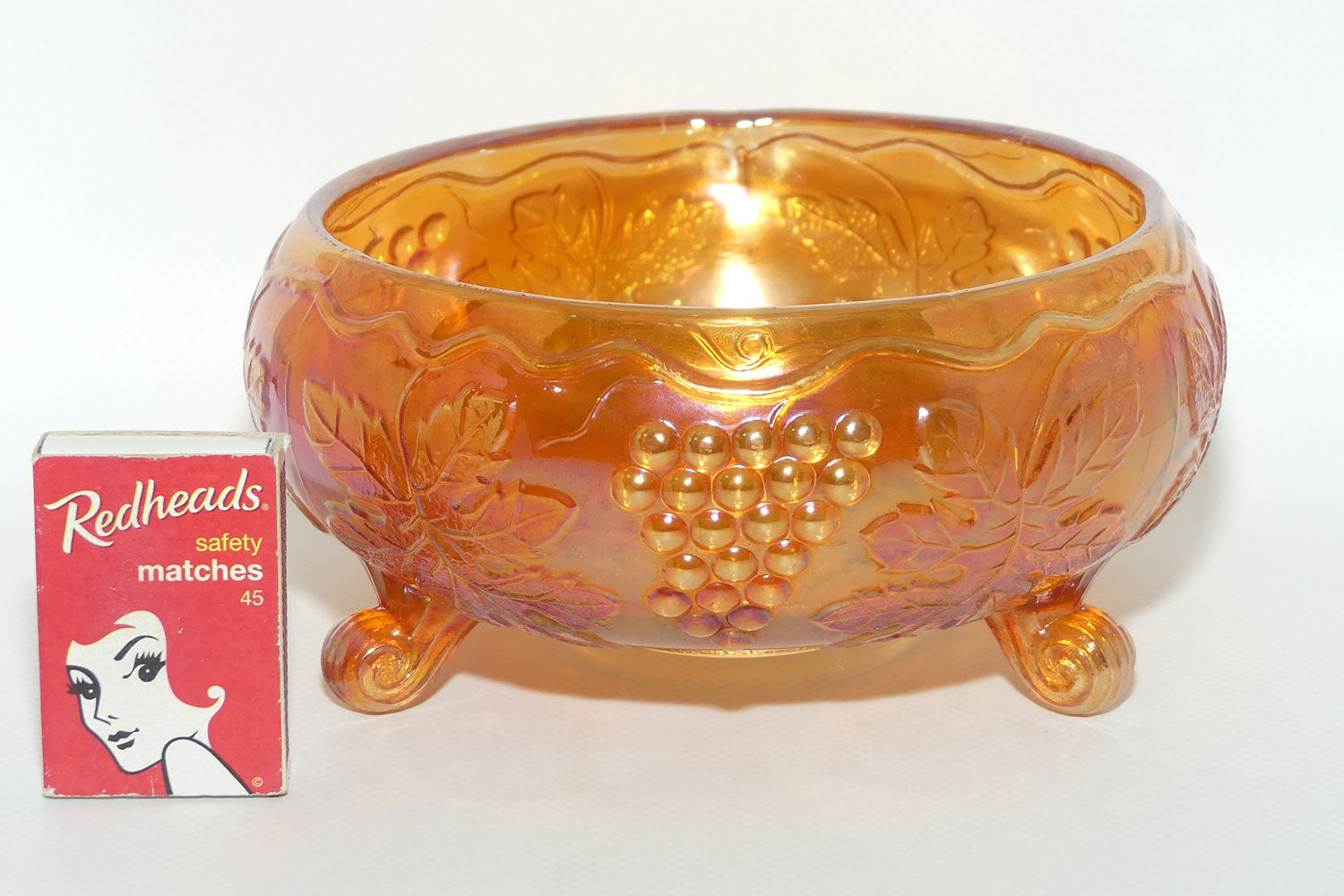 Fenton Marigold Carnival Glass rose bowl | Tri Foot | Grape and Vine pattern