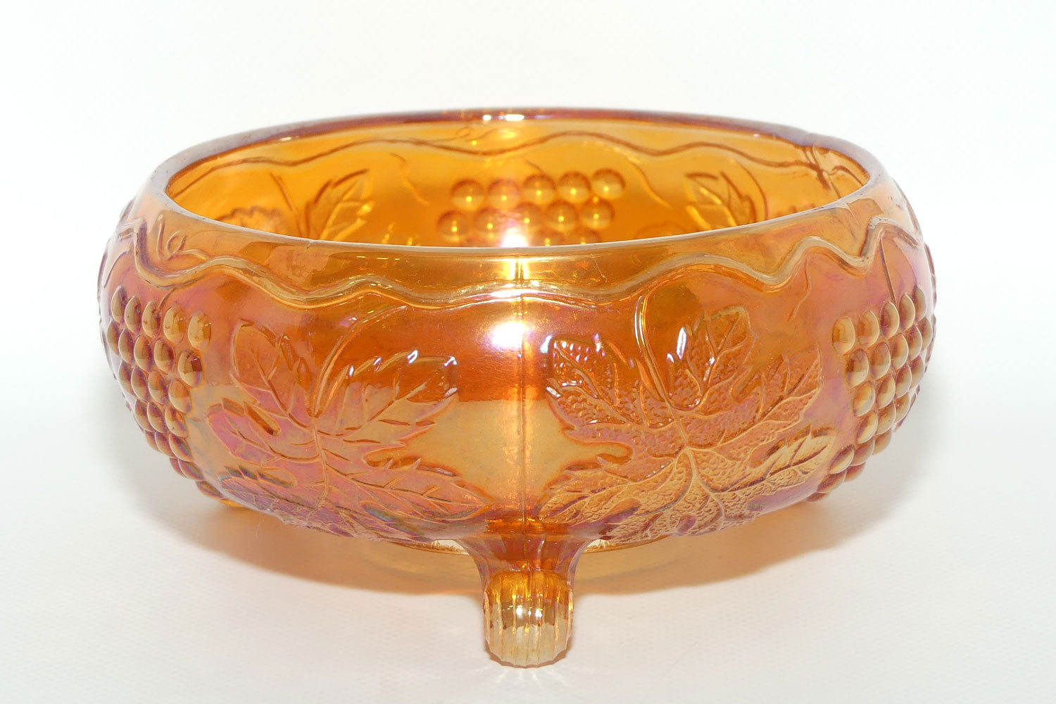 Fenton Marigold Carnival Glass rose bowl | Tri Foot | Grape and Vine pattern