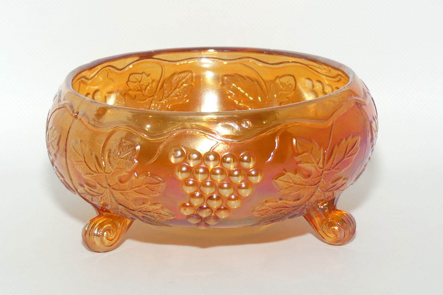 Fenton Marigold Carnival Glass rose bowl | Tri Foot | Grape and Vine pattern