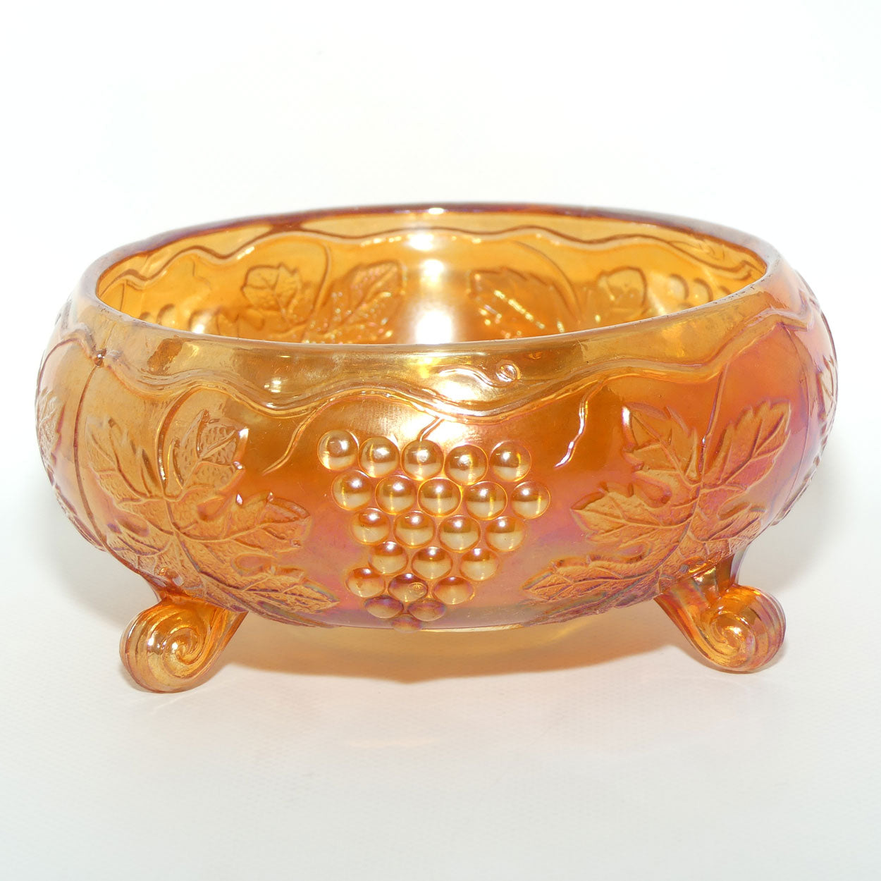 Fenton Marigold Carnival Glass rose bowl | Tri Foot | Grape and Vine pattern