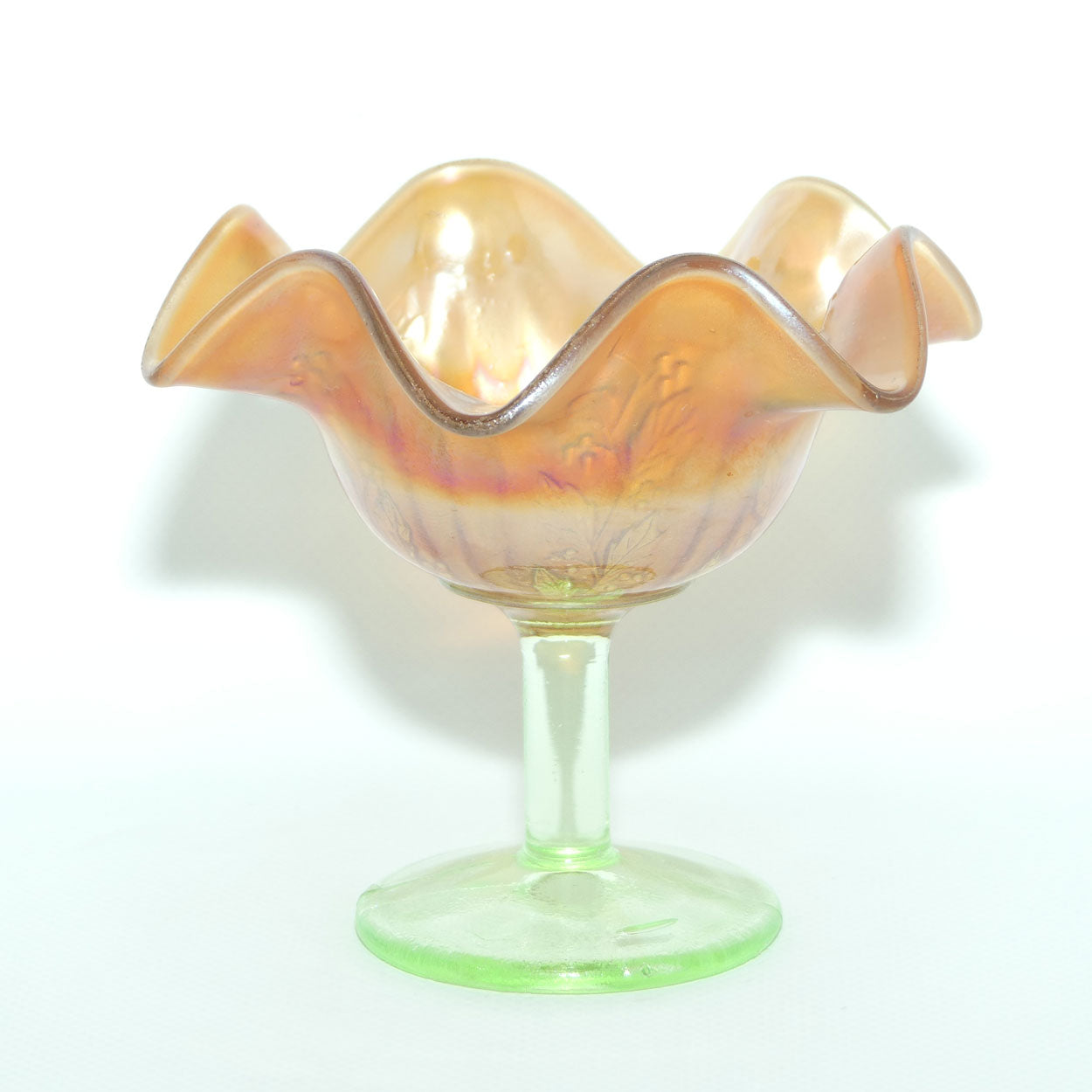 Carnival Glass footed comport | Marigold | Holly pattern | Uranium Glass glow